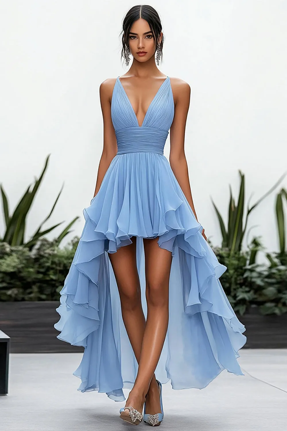 Sky Blue A Line Ruffled V Neck Formal Dress sold by Zapaka