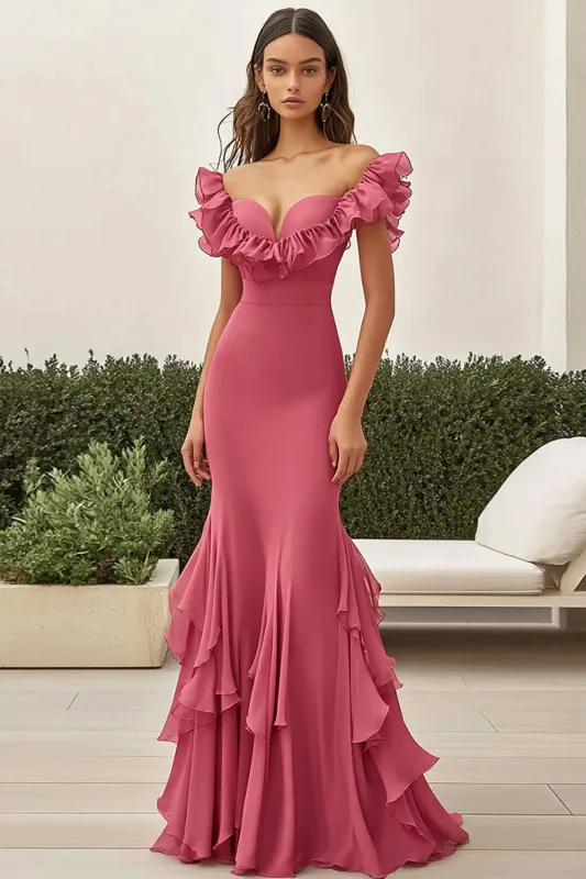 Mermaid Coral Off The Shoulder Ruffled Formal Dress sold by Zapaka