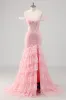 Cold Shoulder Corset Mermaid Pink Prom Dress with Slit sold by Zapaka