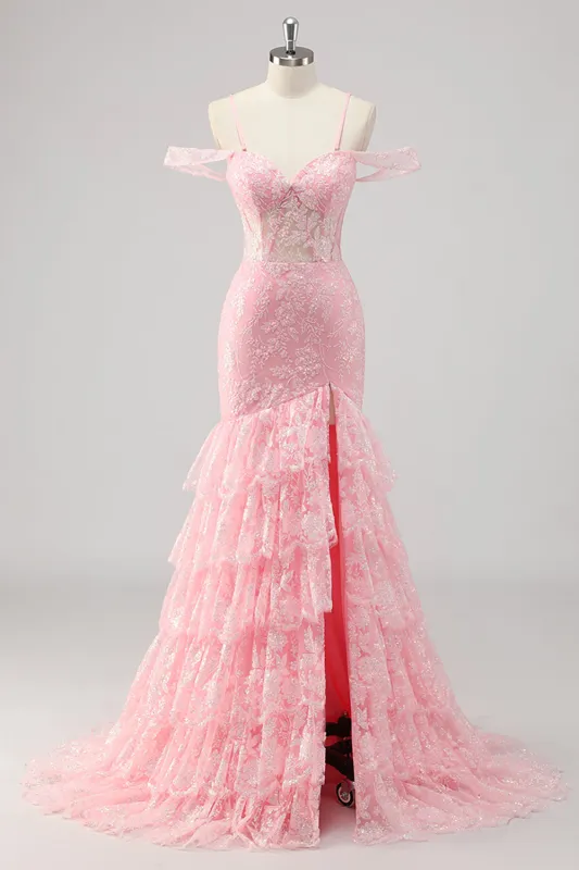 Cold Shoulder Corset Mermaid Pink Prom Dress with Slit sold by Zapaka