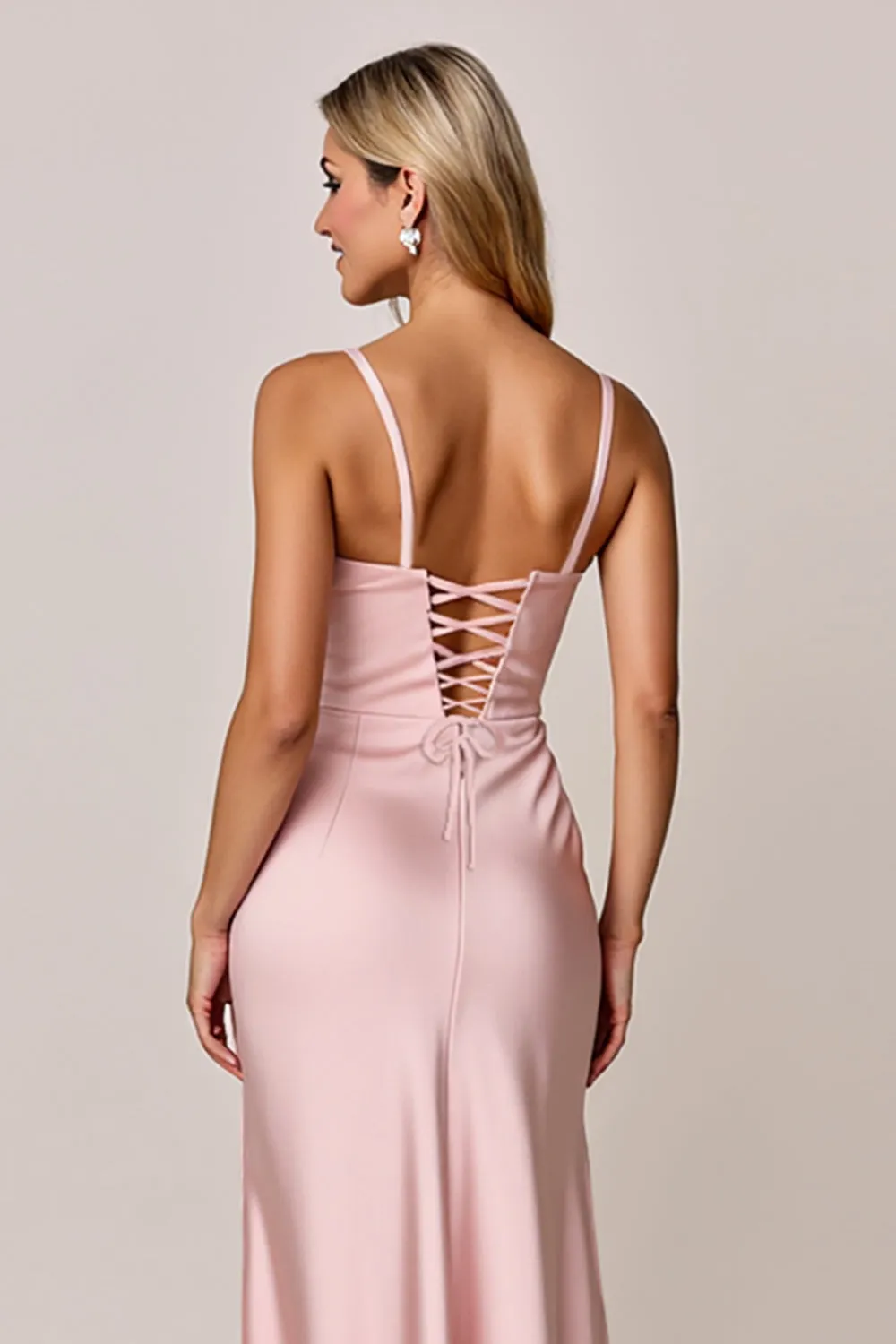 Blush Spaghetti Straps Sheath Satin Bridesmaid Dress with Slit sold by Zapaka product image thumbnail 4