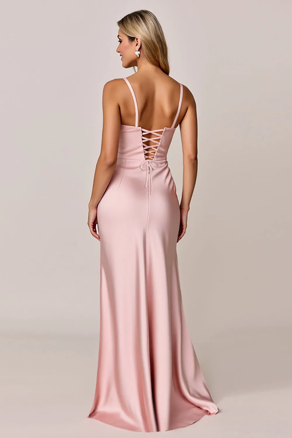 Blush Spaghetti Straps Sheath Satin Bridesmaid Dress with Slit sold by Zapaka product image thumbnail 2