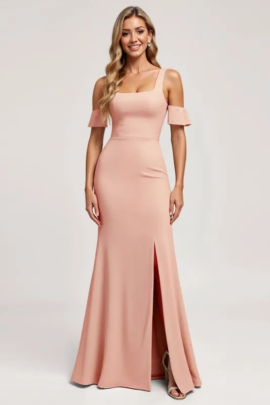 Cold Shoulder Blush Mermaid Chiffon Bridesmaid Dress with Slit sold by Zapaka