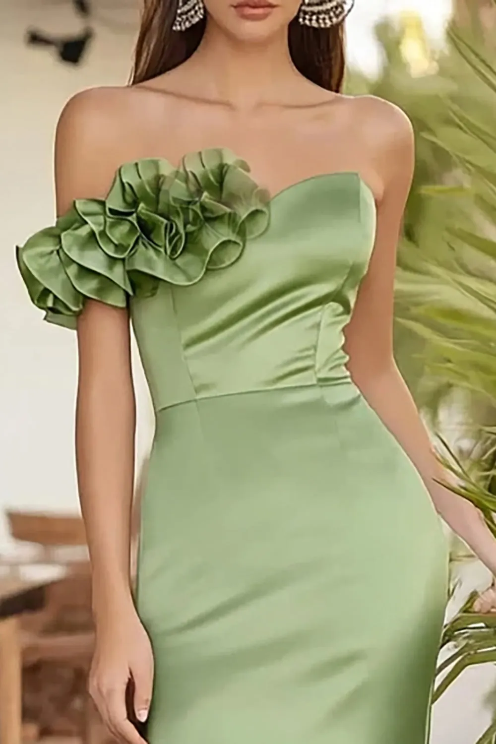 One Shoulder Sage Green Long Formal Dress With 3D Flower sold by Zapaka product image thumbnail 2