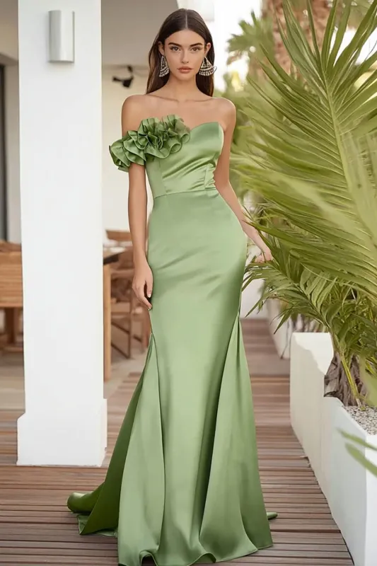One Shoulder Sage Green Long Formal Dress With 3D Flower sold by Zapaka