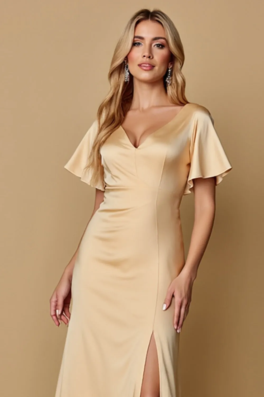 Champagne V-Neck Satin Bridesmaid Dress with Slit sold by Zapaka product image thumbnail 3