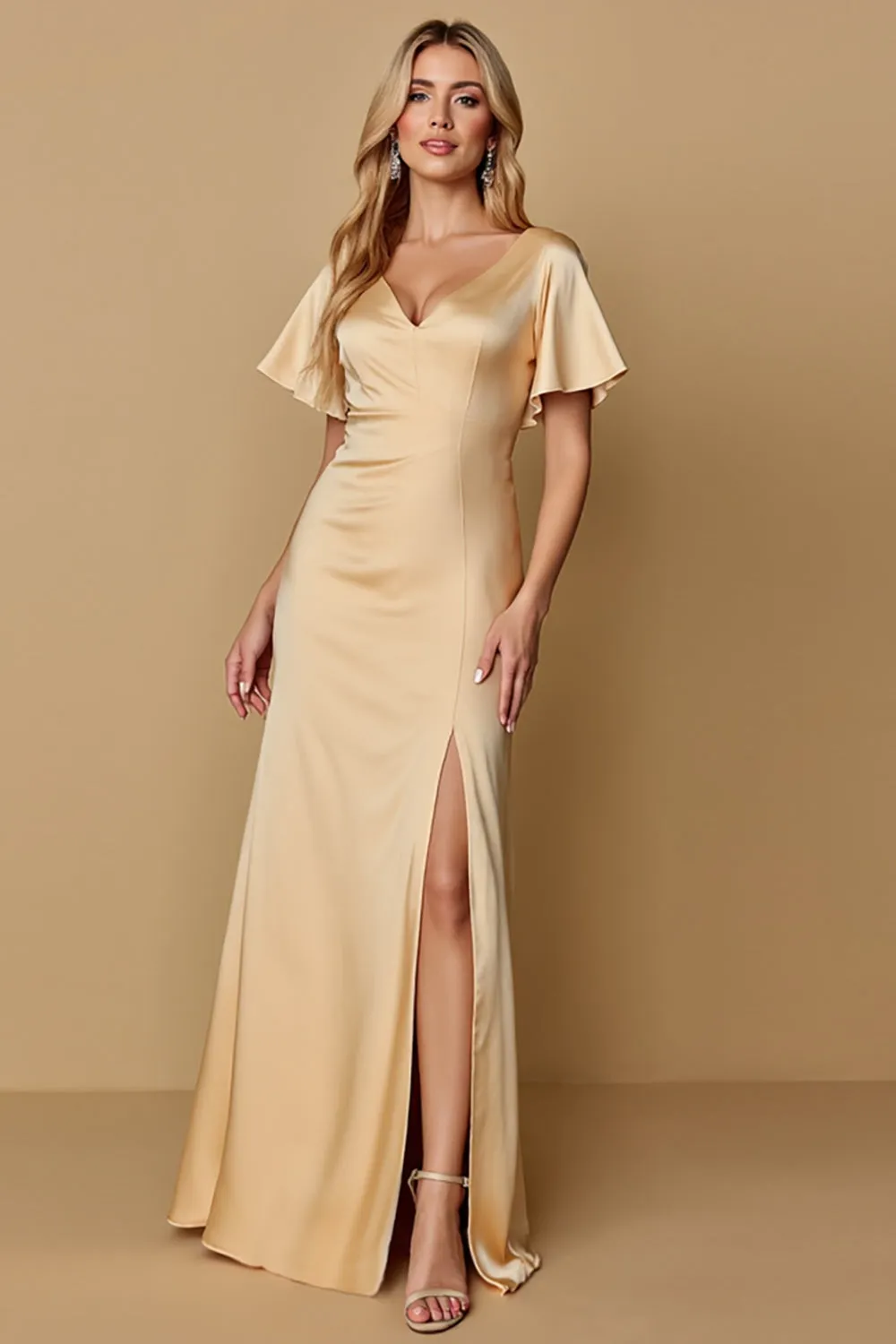 Champagne V-Neck Satin Bridesmaid Dress with Slit sold by Zapaka