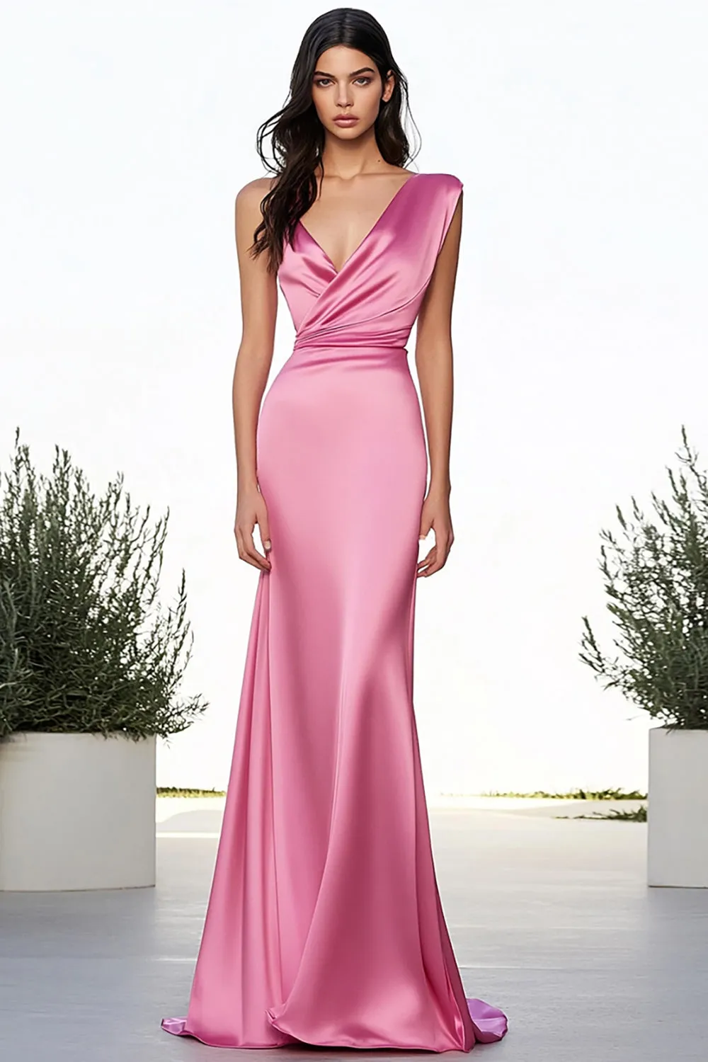Pink V Neck Sheath Ruched Formal Dress sold by Zapaka