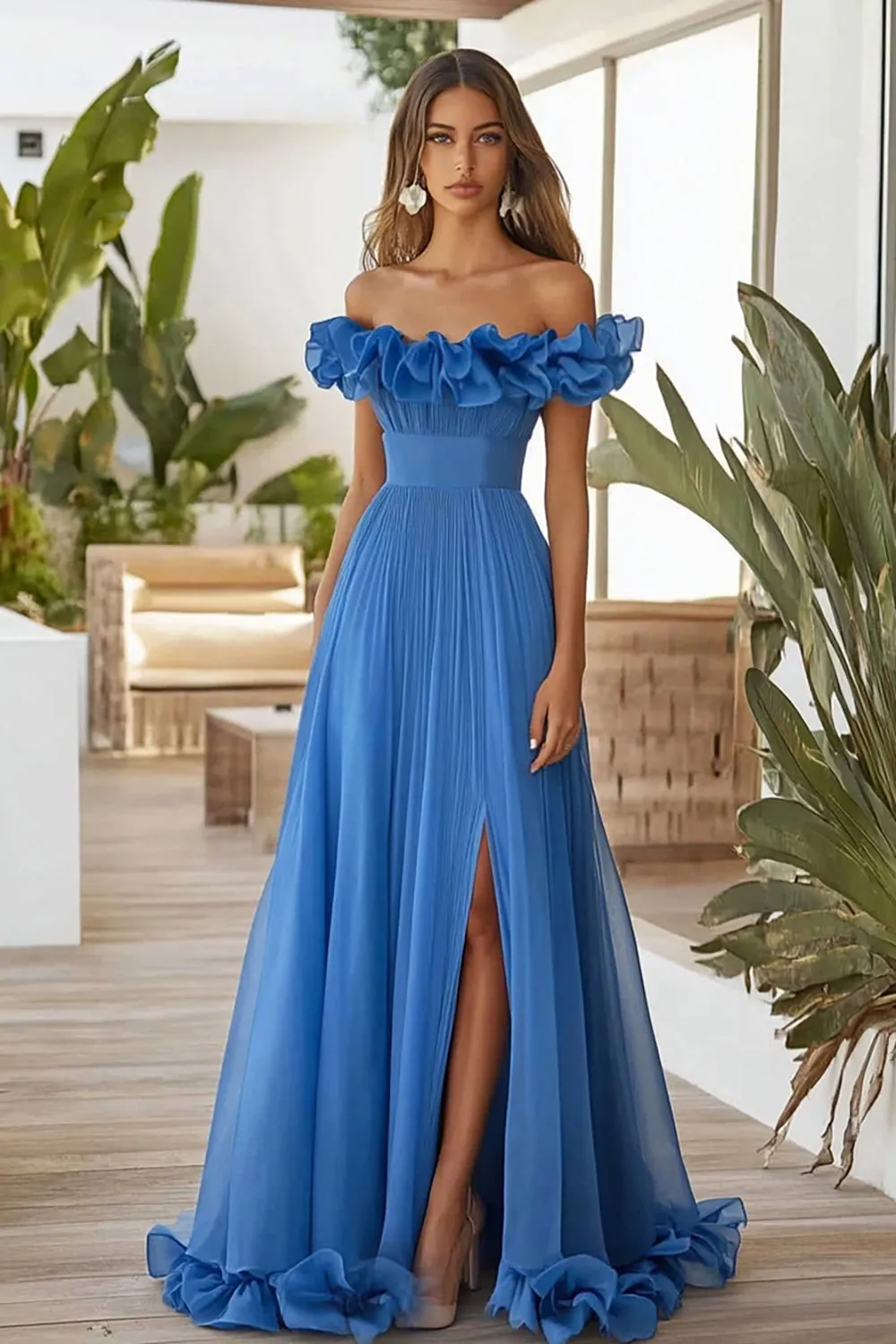 Off The Shoulder Blue A Line Formal Dress With Slit sold by Zapaka