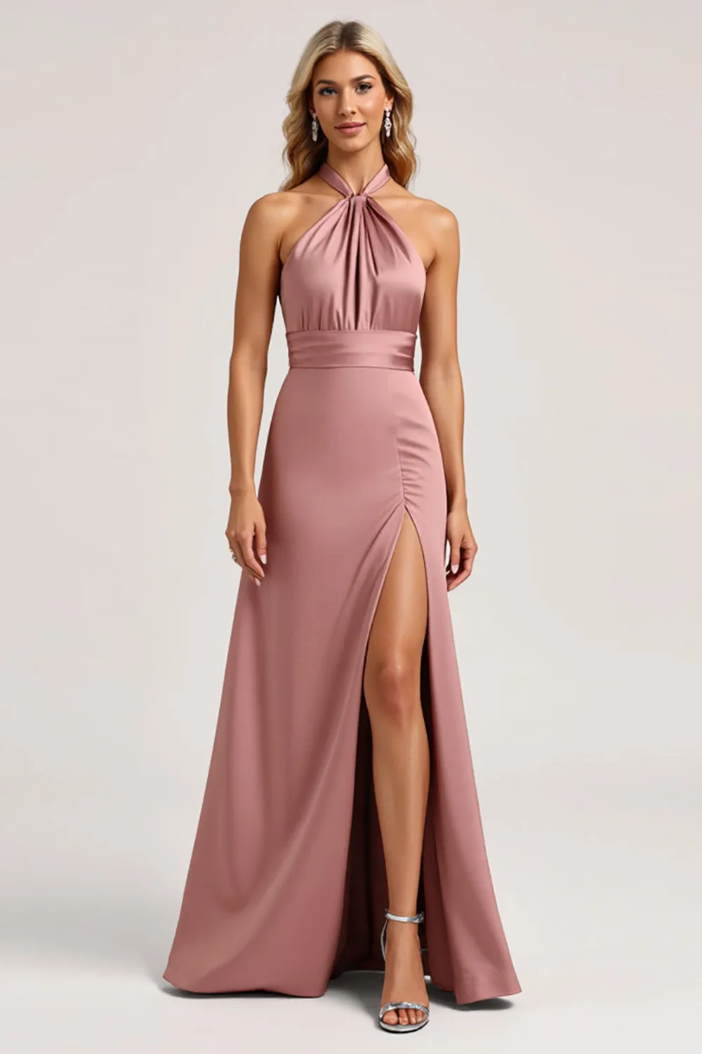 Halter Dusty Rose A Line Satin Bridesmaid Dress with Slit sold by Zapaka