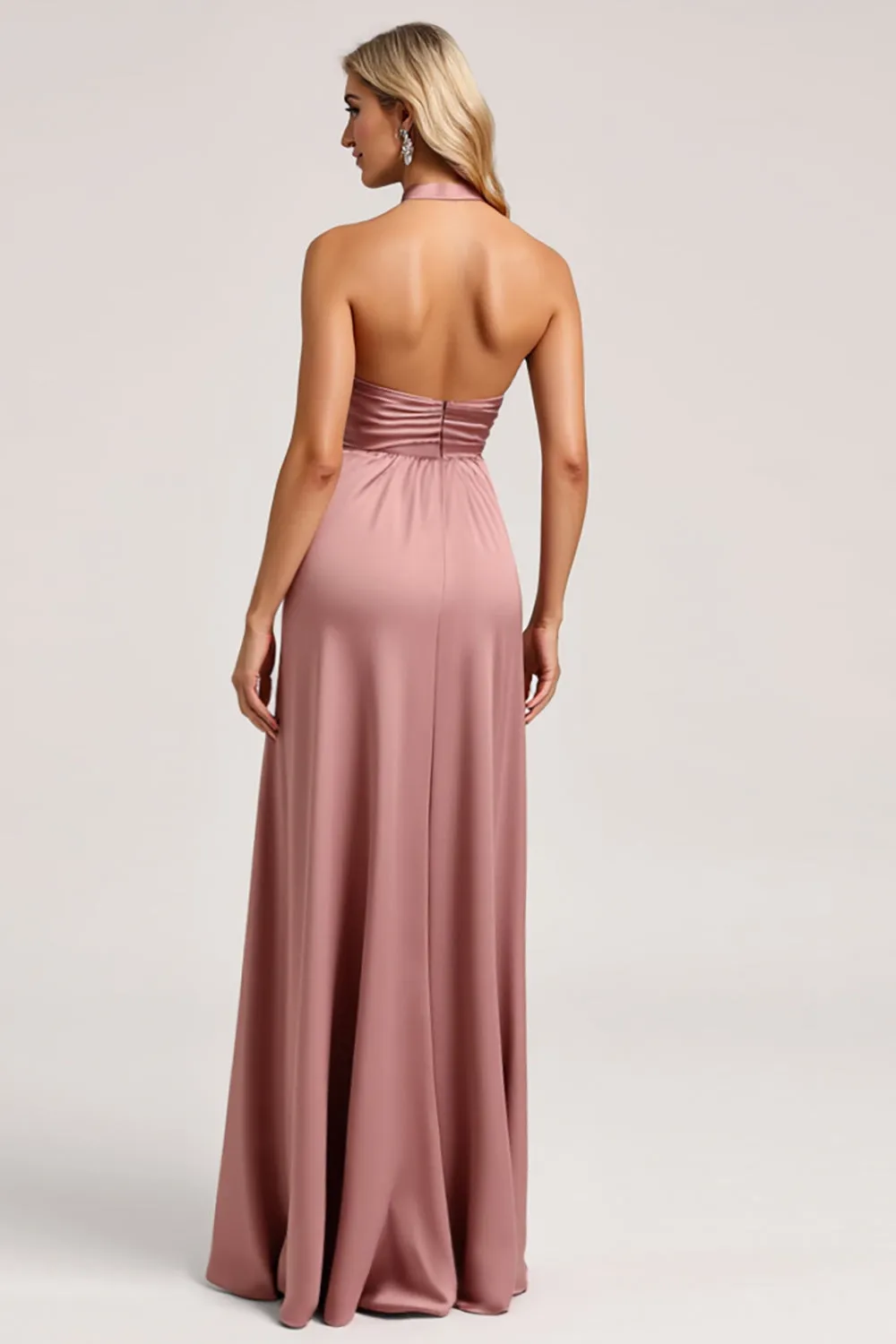 Halter Dusty Rose A Line Satin Bridesmaid Dress with Slit sold by Zapaka product image thumbnail 2