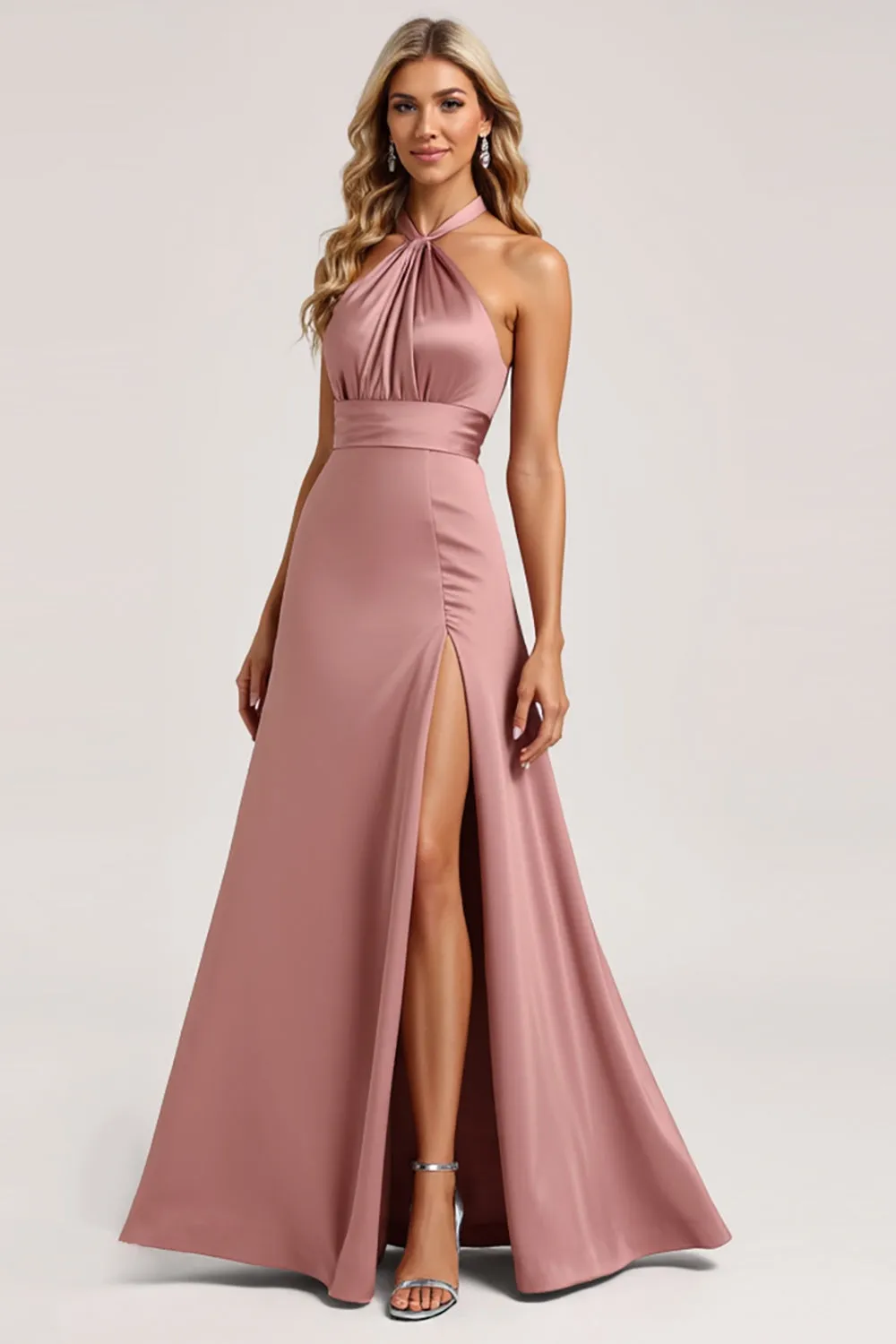 Halter Dusty Rose A Line Satin Bridesmaid Dress with Slit sold by Zapaka product image thumbnail 3