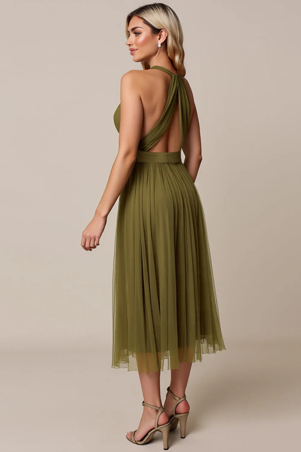 Olive A Line Tulle Ruched Midi Bridesmaid Dress sold by Zapaka product image thumbnail 2