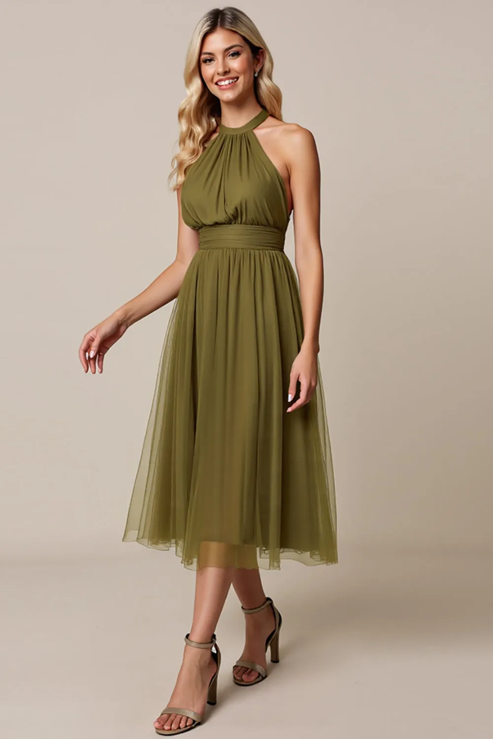 Olive A Line Tulle Ruched Midi Bridesmaid Dress sold by Zapaka