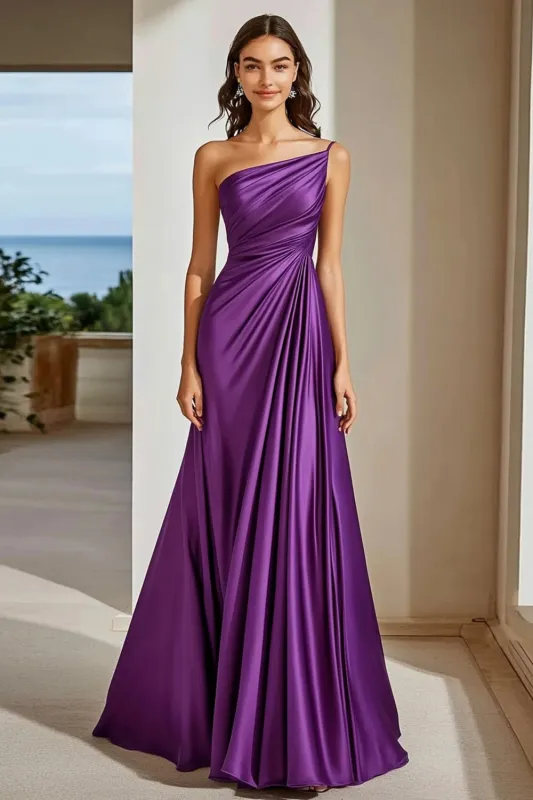One Shoulder Purple Satin Ruched A Line Long Formal Dress sold by Zapaka
