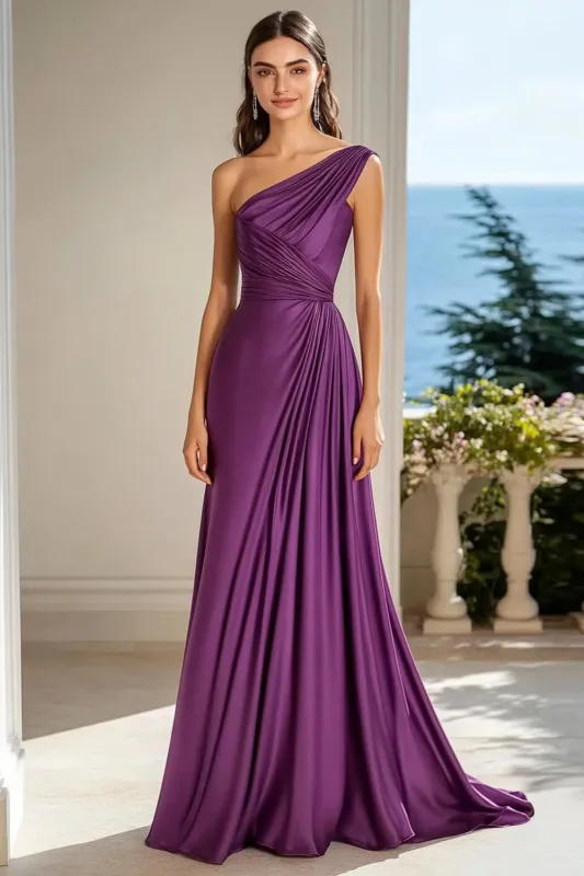 Ruched Purple One Shoulder A Line Formal Dress sold by Zapaka