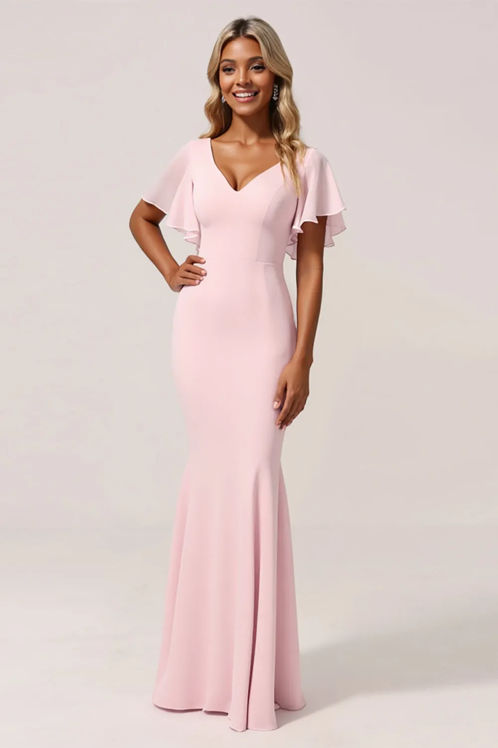 Mermaid Chiffon V-Neck Candy Pink Bridesmaid Dress sold by Zapaka product image thumbnail 3