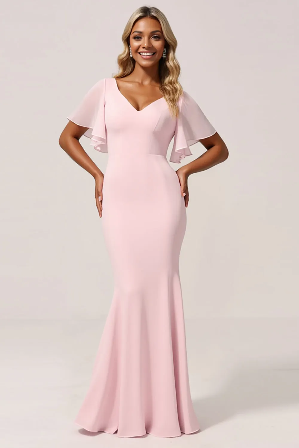 Mermaid Chiffon V-Neck Candy Pink Bridesmaid Dress sold by Zapaka