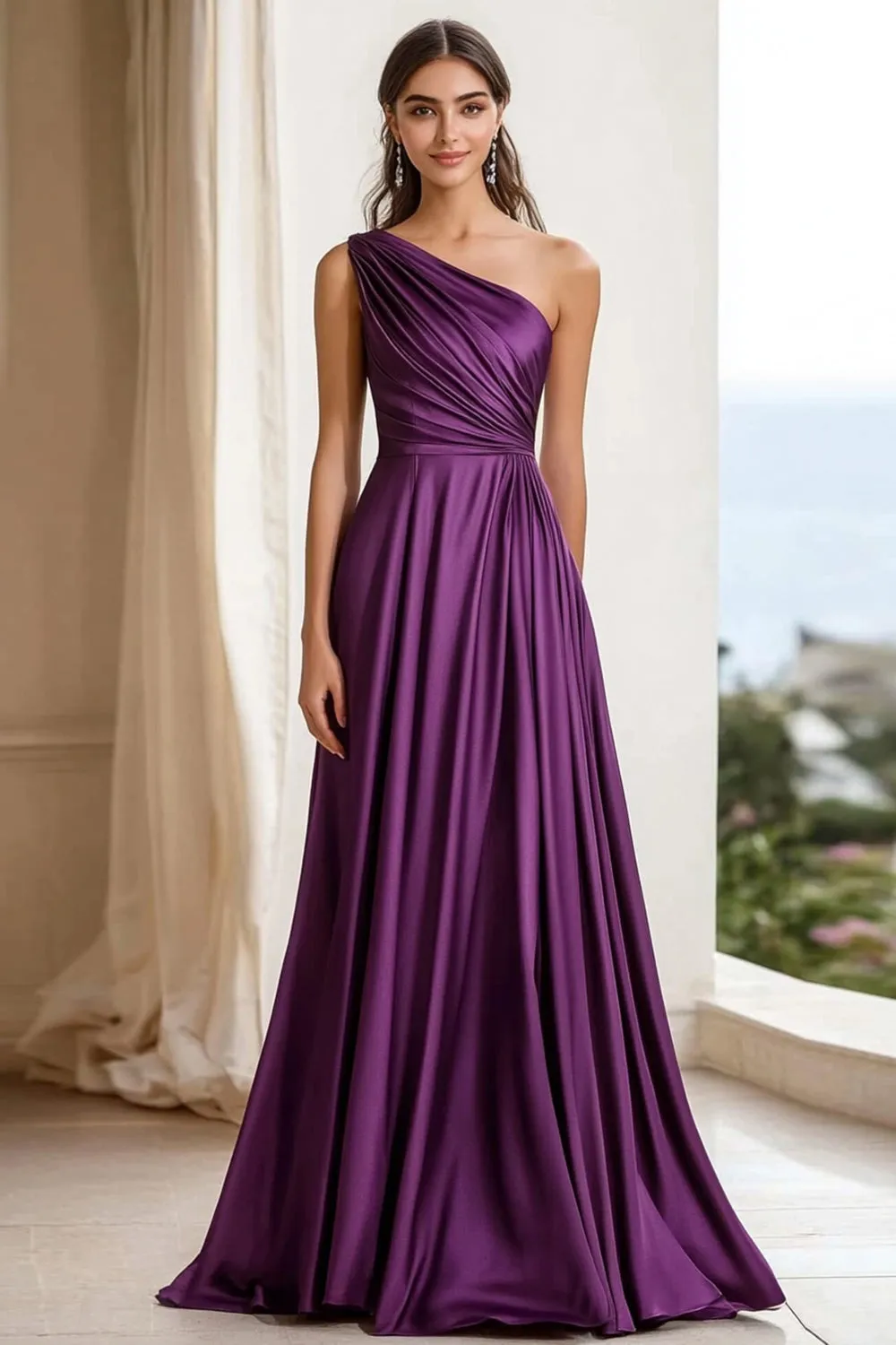 Purple Ruched One Shoulder A Line Long Formal Dress sold by Zapaka