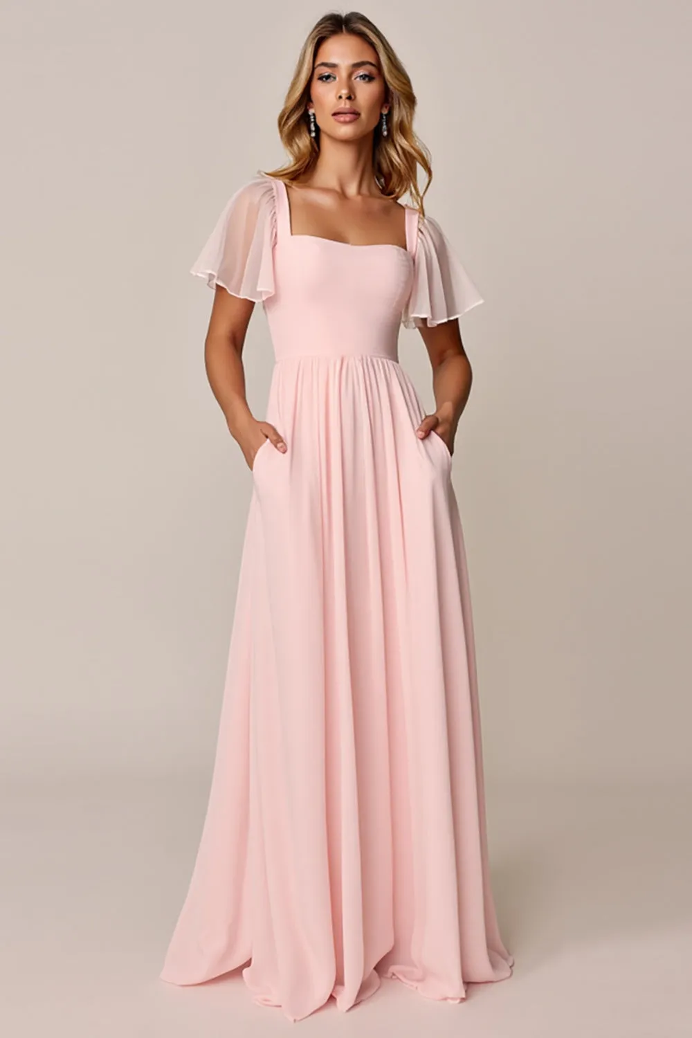 Candy Pink A Line Square Neck Chiffon Bridesmaid Dress sold by Zapaka product image thumbnail 3