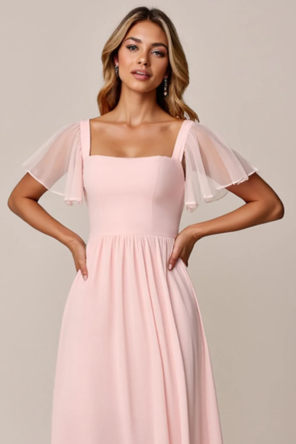 Candy Pink A Line Square Neck Chiffon Bridesmaid Dress sold by Zapaka product image thumbnail 4