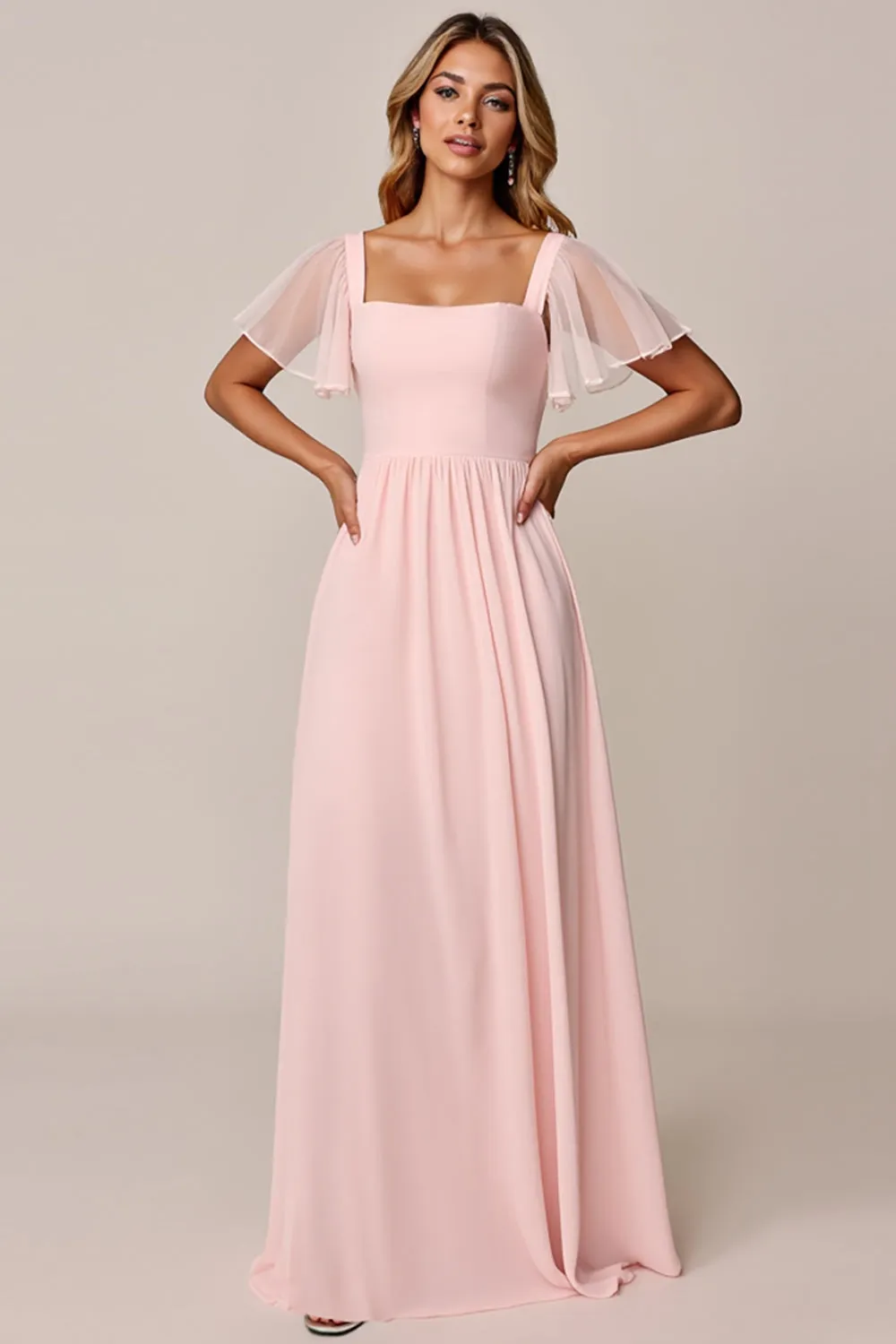 Candy Pink A Line Square Neck Chiffon Bridesmaid Dress sold by Zapaka