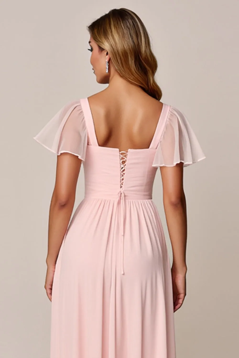 Candy Pink A Line Square Neck Chiffon Bridesmaid Dress sold by Zapaka product image thumbnail 5