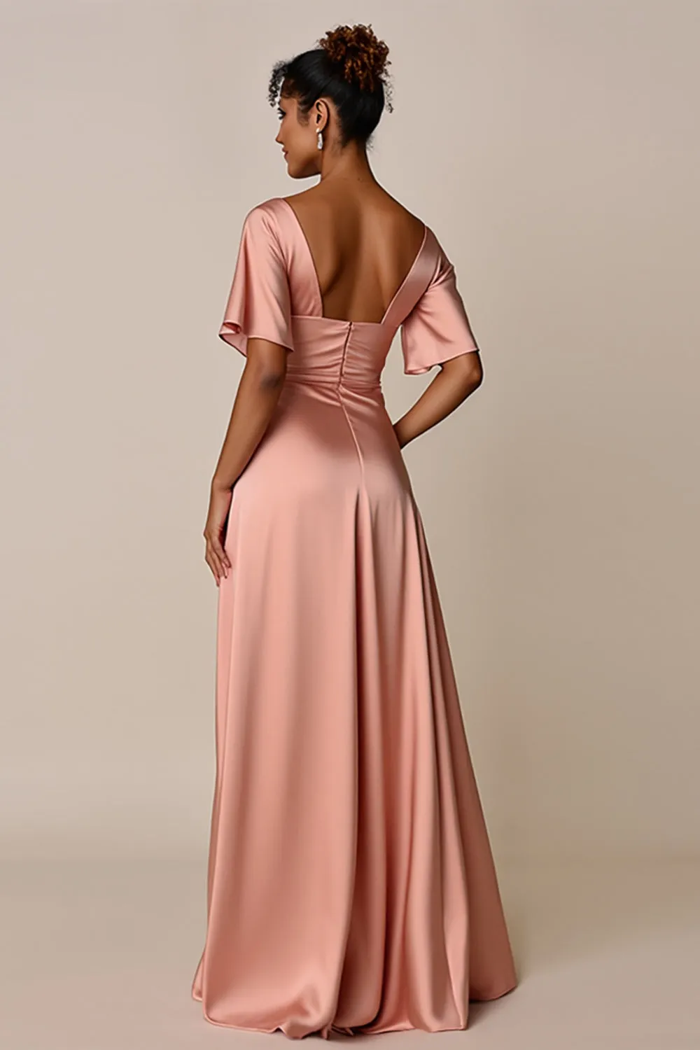 Blush V-Neck Satin Bridesmaid Dress with Slit sold by Zapaka product image thumbnail 2