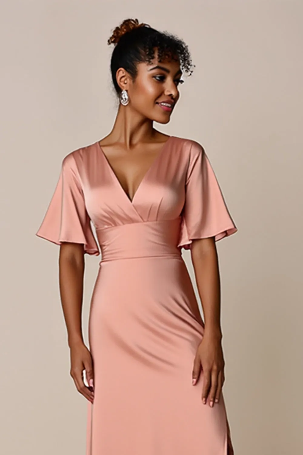Blush V-Neck Satin Bridesmaid Dress with Slit sold by Zapaka product image thumbnail 3
