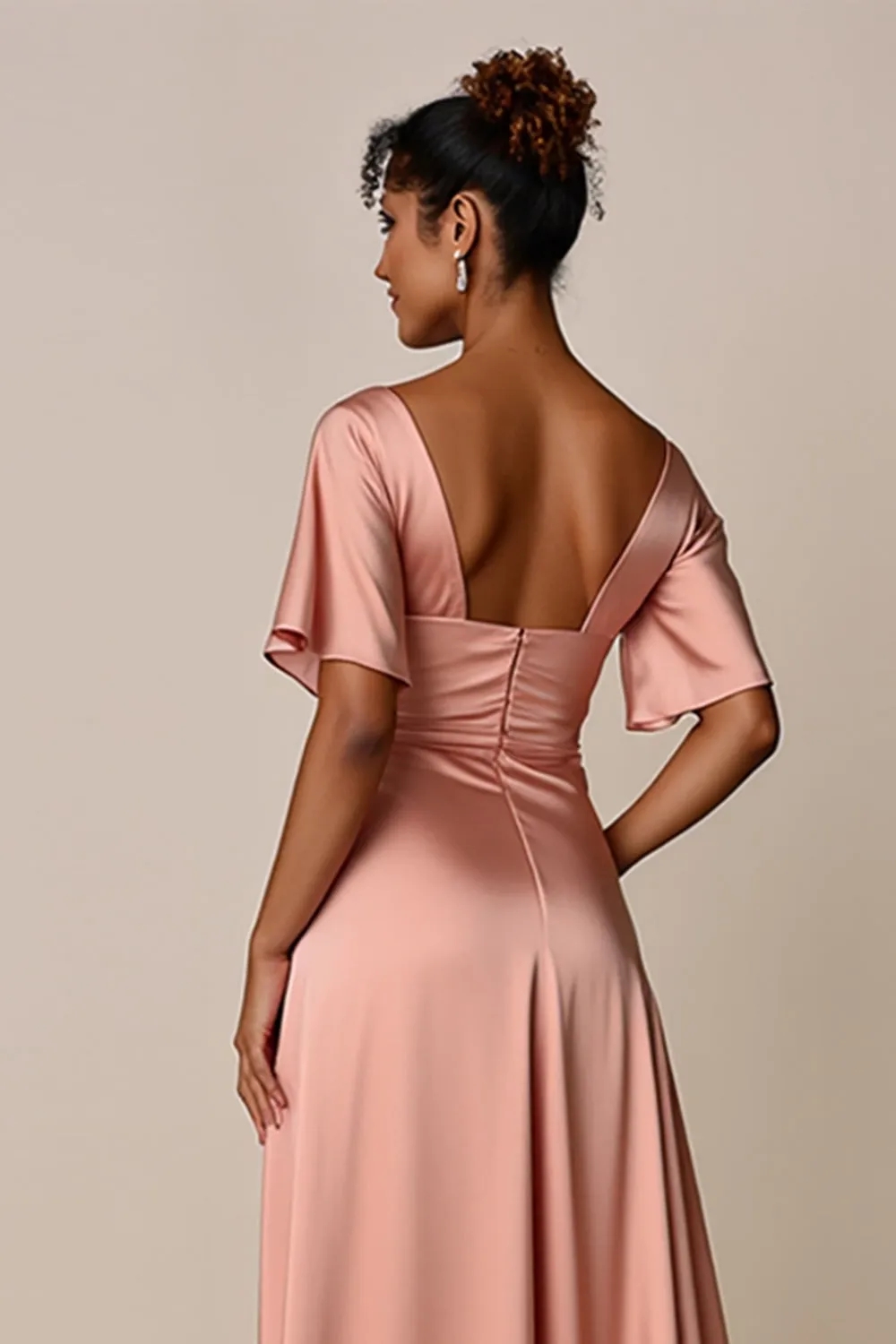 Blush V-Neck Satin Bridesmaid Dress with Slit sold by Zapaka product image thumbnail 4