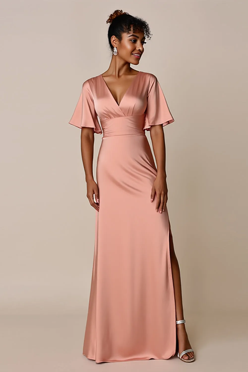 Blush V-Neck Satin Bridesmaid Dress with Slit sold by Zapaka