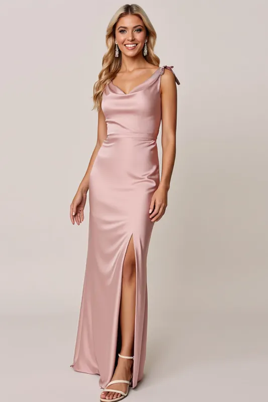 Candy Pink Cowl Neck Sheath Satin Bridesmaid Dress with Slit sold by Zapaka