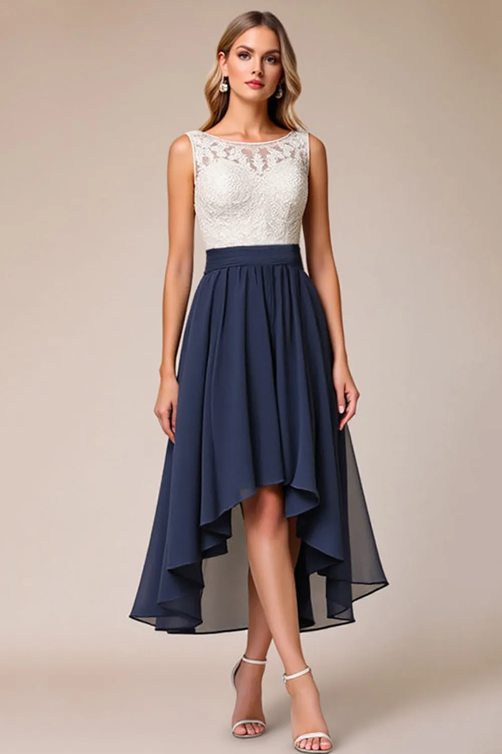 Chiffon High-Low A Line Lace Navy Wedding Guest Dress sold by Zapaka
