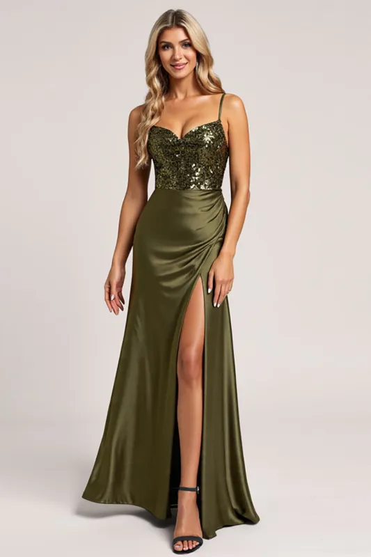 Olive Sequin Satin A Line Bridesmaid Dress with Slit sold by Zapaka
