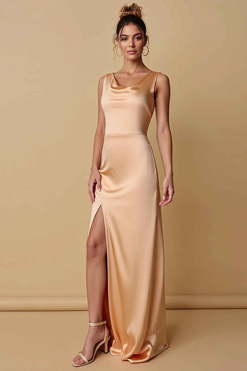 Champagne Satin Cowl Neck Bridesmaid Dress with Slit sold by Zapaka
