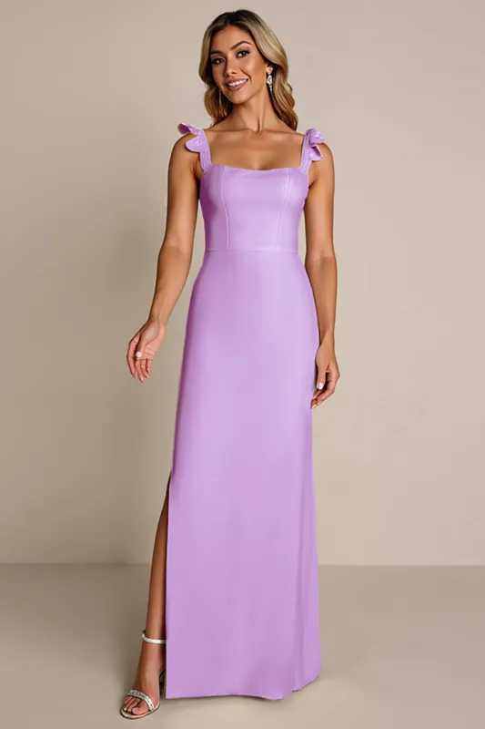 Lilac Square Neck Sheath Bridesmaid Dress with Slit sold by Zapaka