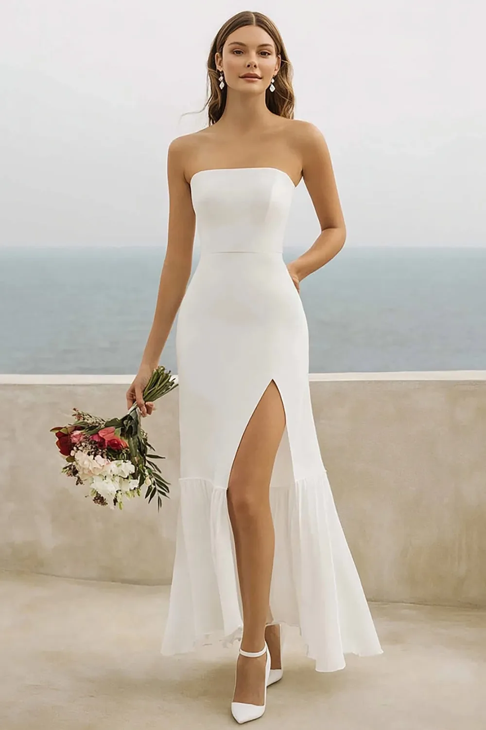 Strapless White Sheath Wedding Dress with Slit sold by Zapaka