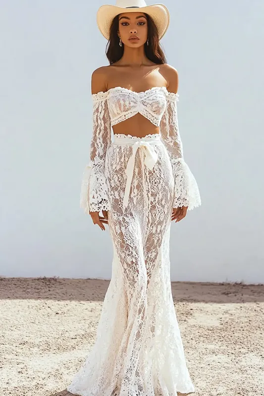 Boho Off the Shoulder White Lace Mermaid Wedding Dress sold by Zapaka