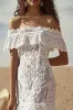 Off the Shoulder Lace White A Line Boho Wedding Dress sold by Zapaka