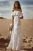 Off the Shoulder Lace White A Line Boho Wedding Dress sold by Zapaka