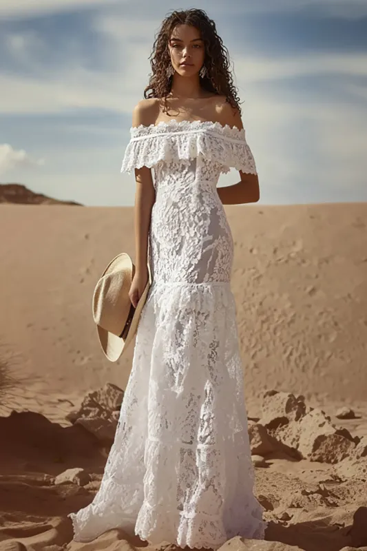 Off the Shoulder Lace White A Line Boho Wedding Dress sold by Zapaka