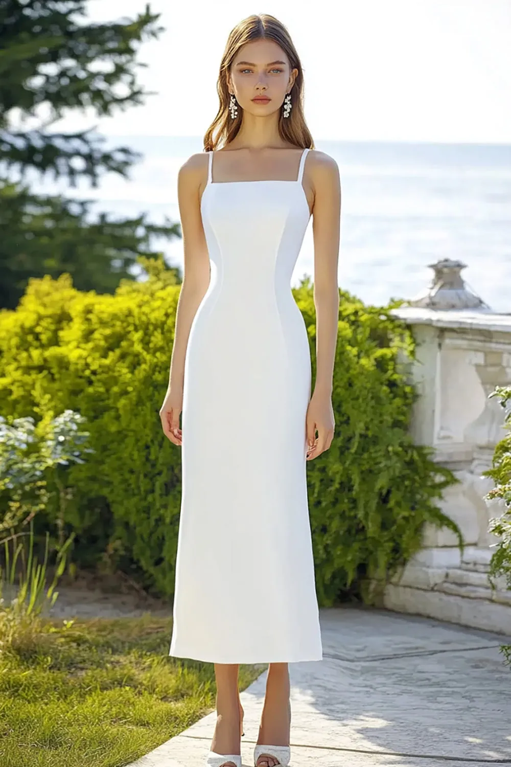 Sheath Spaghetti Straps White Satin Wedding Dress sold by Zapaka