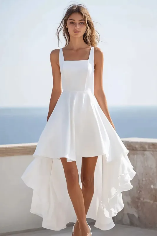 White Square Neck A Line High-Low Wedding Dress sold by Zapaka