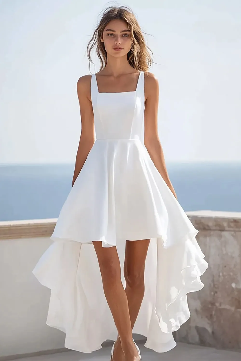 White Square Neck A Line High-Low Wedding Dress sold by Zapaka