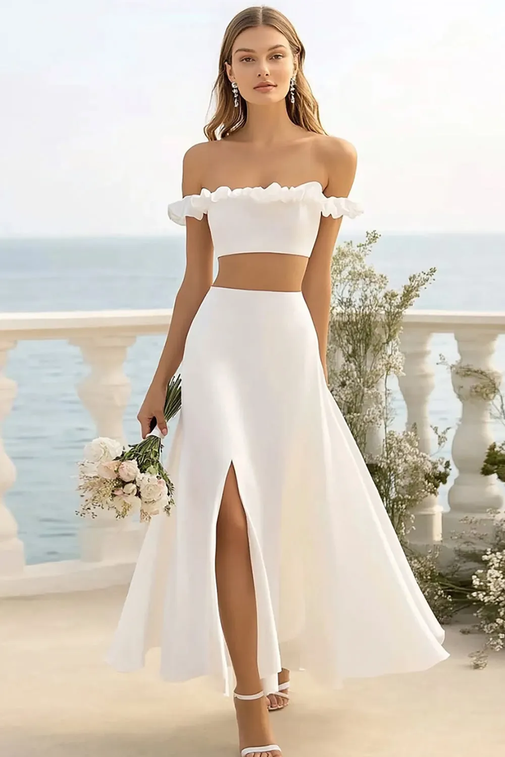 Off The Shoulder White 2 Piece Ruffled Wedding Dress with Slit sold by Zapaka