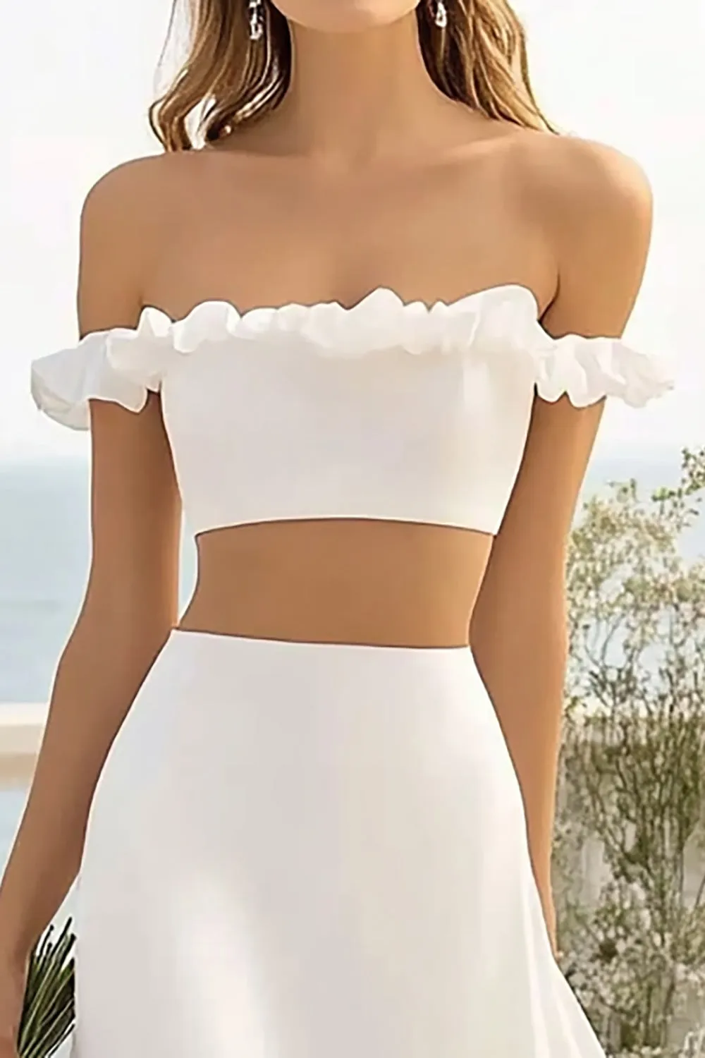 Off The Shoulder White 2 Piece Ruffled Wedding Dress with Slit sold by Zapaka product image thumbnail 2