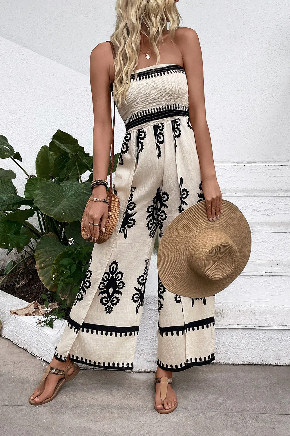 Light Khaki Printed Strapless Summer Jumpsuit sold by Zapaka