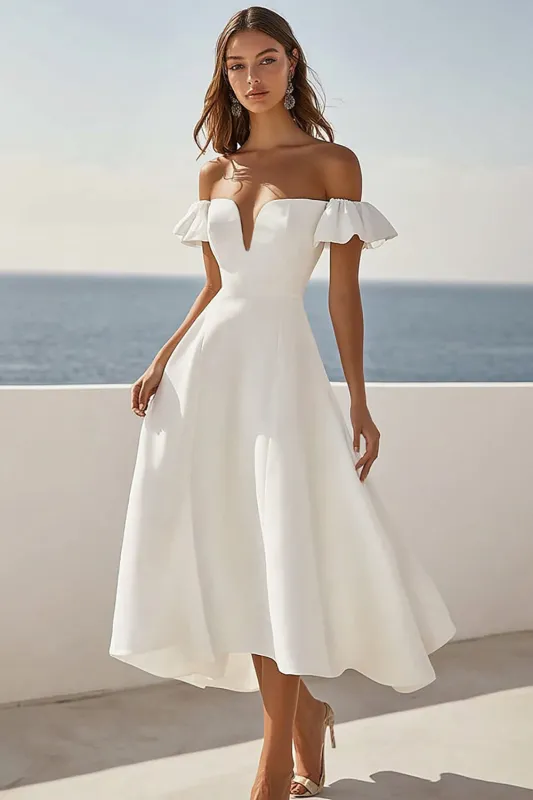 White A Line Off The Shoulder Wedding Dress with Ruffles sold by Zapaka