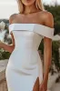 White Off The Shoulder Satin Wedding Dress with Slit sold by Zapaka