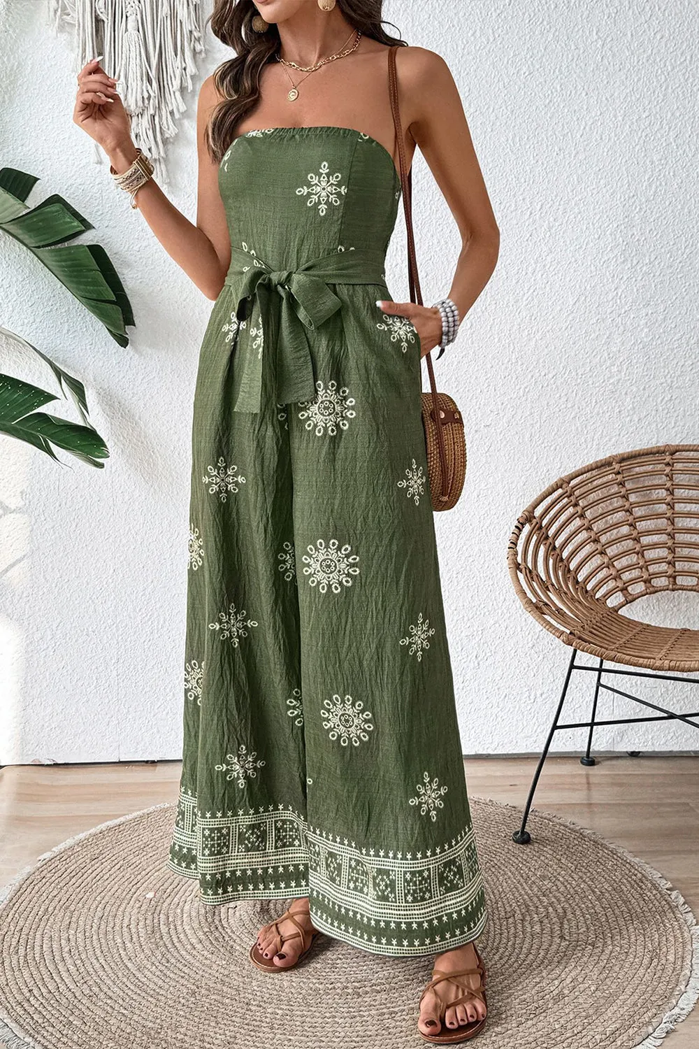 Army Green Strapless Printed Summer Jumpsuit With Sash sold by Zapaka product image thumbnail 3